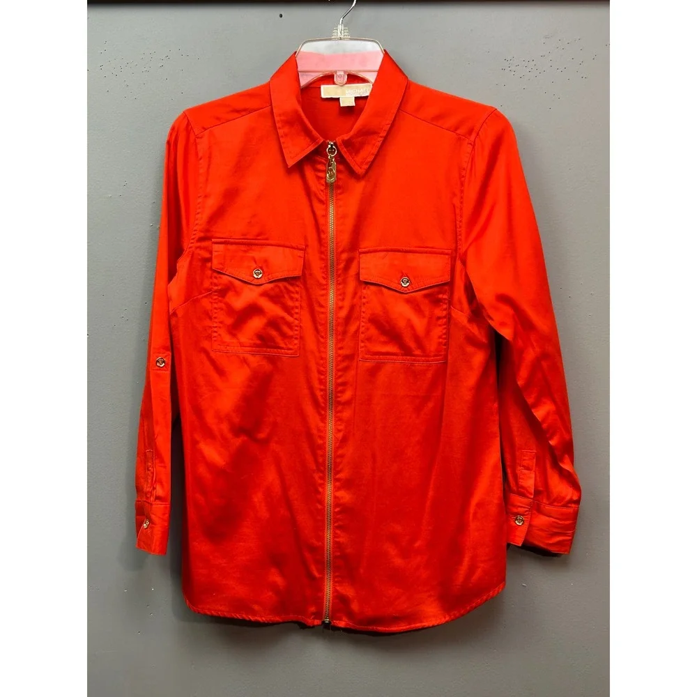 Michael Kors Shirt Jacket‎ Women 4 Orange Zip Front Roll Tab Stretch Utility